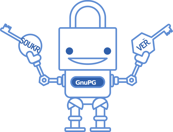 Robot s hlavou ve tvaru klíče držící soukromý a veřejný klíč