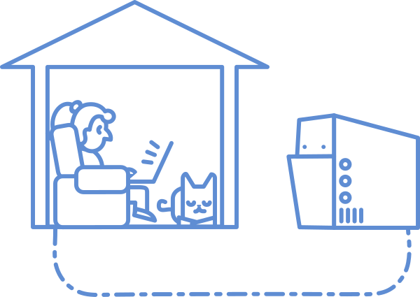 Illustration einer Person in einem Haus mit einer Katze, die an einen Server
angeschlossen ist