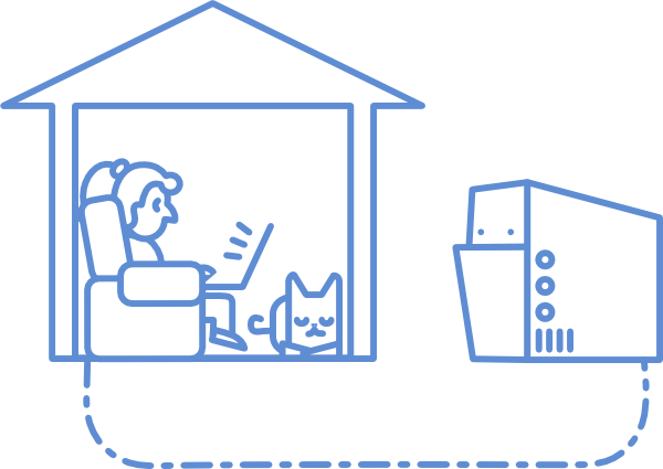Illustrazione di una persona in una casa con un gatto collegato a un server